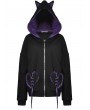 Dark in Love Black and Purple Gothic Cat Ear Wing Back Short Hoodie for Women