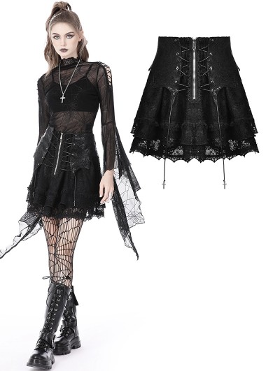 Dark in Love Black Gothic Punk PU Lace Short Skirt
