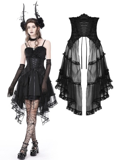 Dark in Love Black Gothic Luxe Court Lace Up Frilly Mesh Tunic Skirt