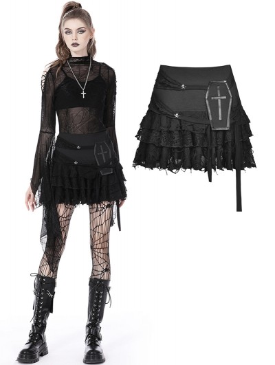 Dark in Love Black Gothic Punk Ghost Skull Lace Frilly Mini Skirt