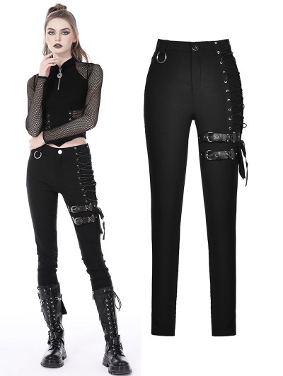 Dark in Love Black Gothic Punk Locomotive Rebel Asymmetric Long Trousers for Women