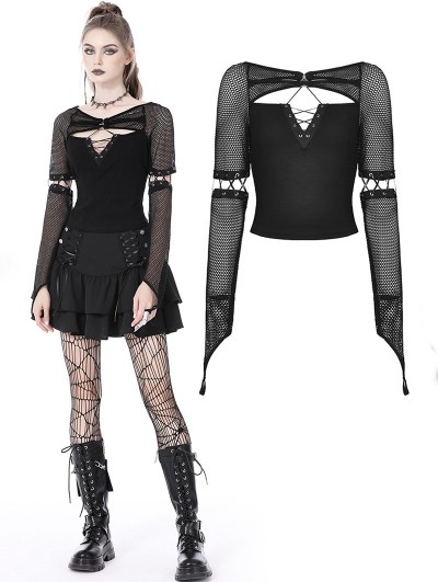 Dark in Love Black Gothic Punk Rebel Girl Net Long Sleeve T-Shirt for Women
