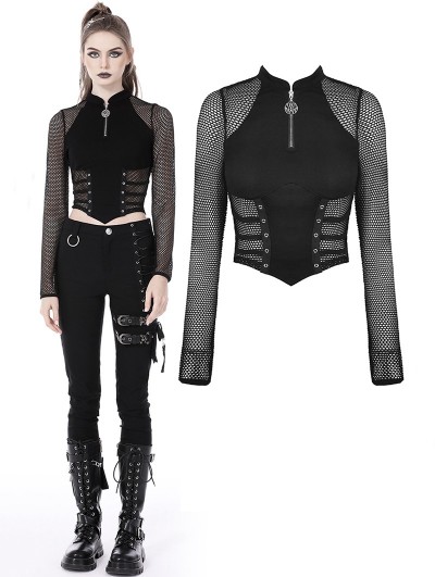 Dark in Love Black Gothic Punk Sexy Net Long Sleeve Wrap Top for Women
