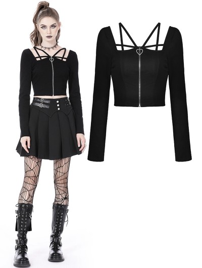 Dark in Love Black Gothic Punk Daily Wear Long Sleeve Short Top for Women