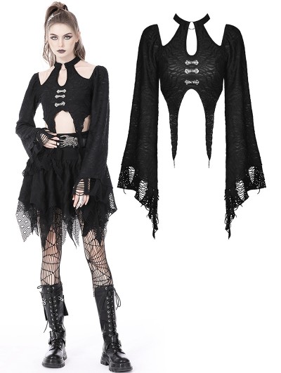 Dark in Love Black Gothic Sexy Keyhole Bell Sleeves Crop Top for Women