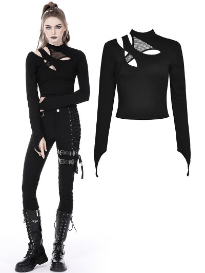 Dark in Love Black Gothic Daily Wear Hollow Out Long Sleeve T-Shirt for Women