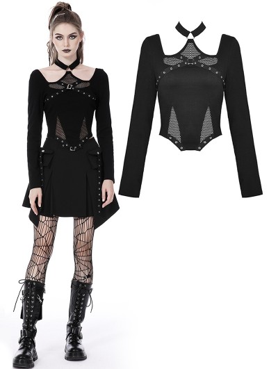 Dark in Love Black Gothic Punk Sexy Net Splicing Halter T-Shirt for Women