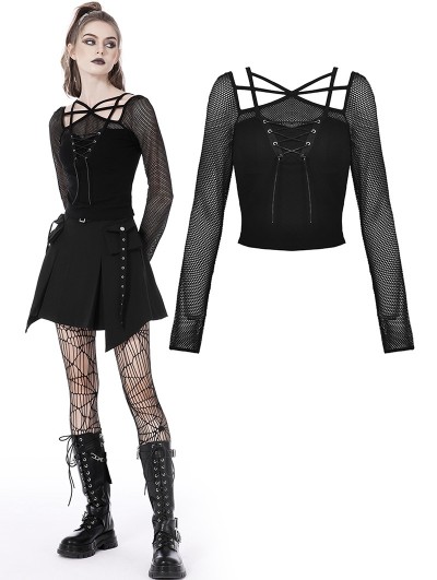 Dark in Love Black Gothic Rebel Girl Net Long Sleeve Daily Wear T-Shirt for Women