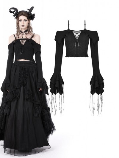 Dark in Love Black Gothic Princess Off-the-Shoulder Long Sleeve Short Shirt for Women