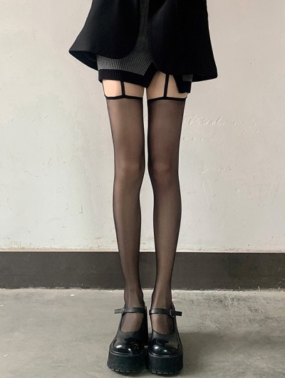 Black/Red Gothic Sheer Suspender Tights
