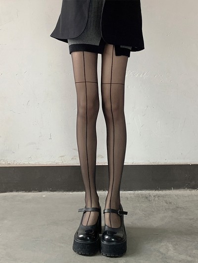Black Gothic Cross Hatch Seamed Sheer Tights