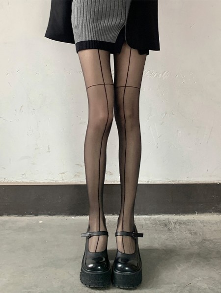 Black Gothic Cross Hatch Seamed Sheer Tights - DarkinCloset.com