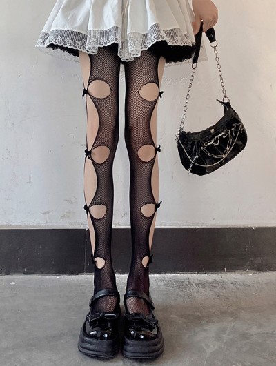 Black Gothic Bowknot Hollow Out Fishnet Tights