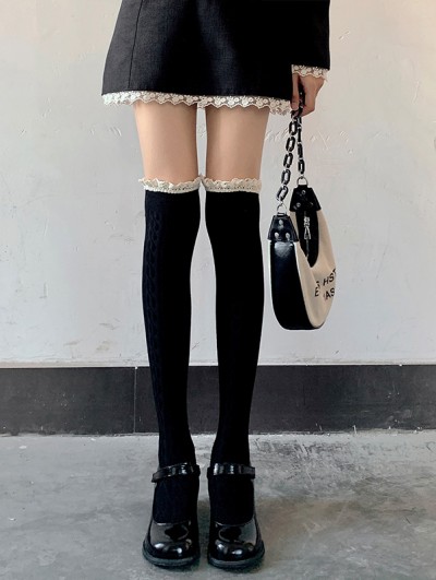 Black Gothic Lace Trim Opaque Over-the-Knee Socks