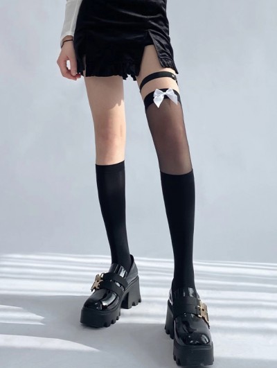 Black Gothic Bowknot Knee Socks with Leg Loop