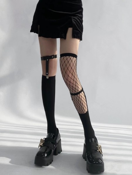 Black Gothic Punk Garter Fishnet Knee Socks - DarkinCloset.com