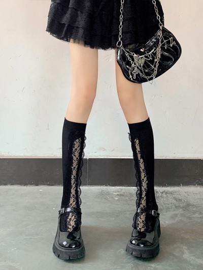 Black Gothic Lolita Lace Hollow Knee High Socks