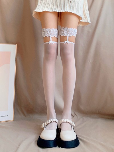 Black/White Gothic Sheer Lace Garter Thigh High Stockings