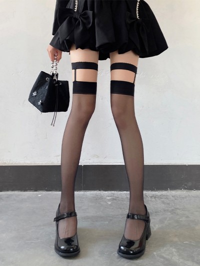 Black/White Gothic Punk Suspender Thigh High Socks