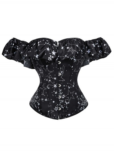 Black Starry Print Ruffle Trim Sleeved Overbust Gothic Corset