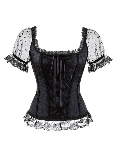 Black/White/Gold/Pink/Blue Puff Sleeve Vintage Lace-Up Gothic Corset