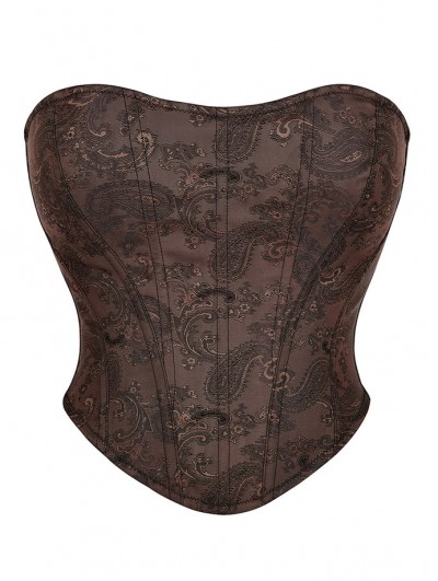 Dark Brown Vintage Pattern Zip Back Overbust Steampunk Corset