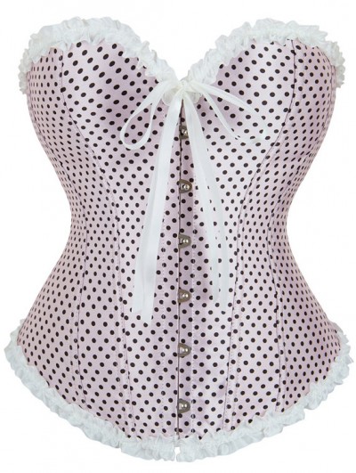 Light Pink Polka Dot Pleated Trim Overbust Burlesque Corset