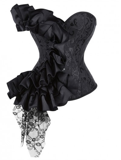 Fashion Black Satin and Lace Ruffle Overbust Gothic Corset