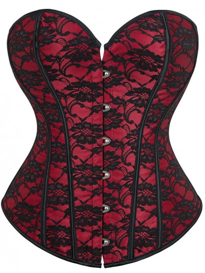 Dark Red Floral Lace Overbust Gothic Waist Training Corset
