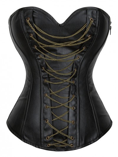 Black Gothic Golden Chained PU Leather Overbust Corset