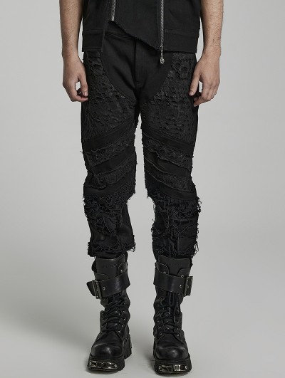 Punk Rave Black Gothic Distressed Streetwear Fitted Long Pants for Men