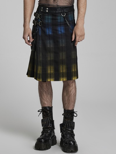 Punk Rave Yellow and Blue Plaid Gothic Punk Gradient Scottish Kilt for Men