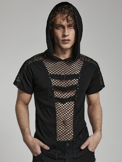 Punk Rave Black Gothic Punk Hollow Mesh Short Sleeve Hooded T-Shirt for Men