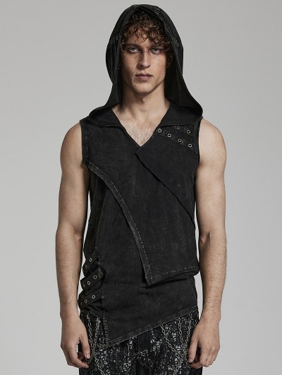 Punk Rave Black Gothic Punk Distressed Asymmetrical Hooded Vest Top for Men