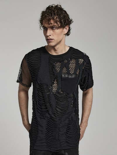 Punk Rave Black Gothic Punk Ripped Irregular Mesh Short Sleeve T-Shirt for Men