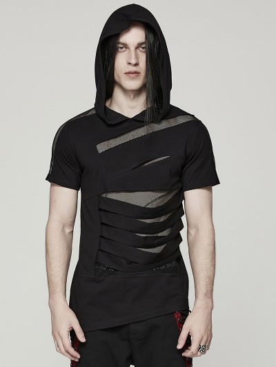 Punk Rave Black Gothic Hooded Mesh Splicing Knit Short Sleeve T-Shirt for Men