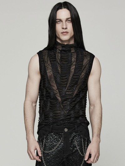 Punk Rave Black Gothic Spider Web Distressed Mesh Sleeveless T-Shirt for Men