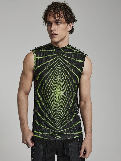 Punk Rave Black and Green Gothic Cyberpunk Printed Sleeveless T-Shirt for Men