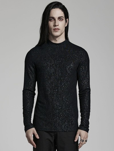 Punk Rave Black Gothic Daily Mock Turtleneck Printed Long Sleeve T-Shirt for Men