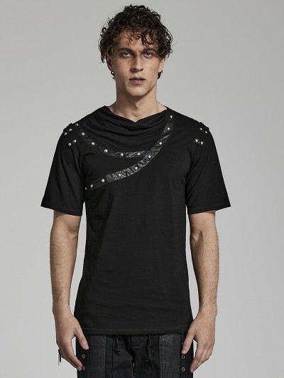 Punk Rave Black Gothic Punk Daily Asymmetric Drop Collar Short Sleeve T-Shirt for Men
