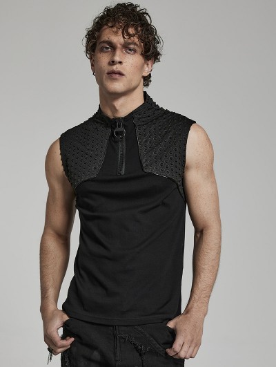 Punk Rave Black Gothic Cyber 3D Embossed Knit Sleeveless T-Shirt for Men