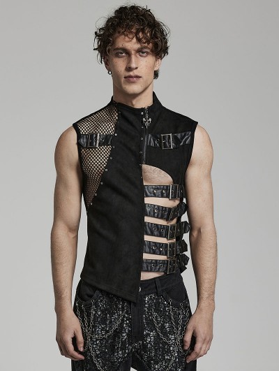 Punk Rave Black Gothic Punk Irregular Hollow Mesh Splicing Vest Top for Men