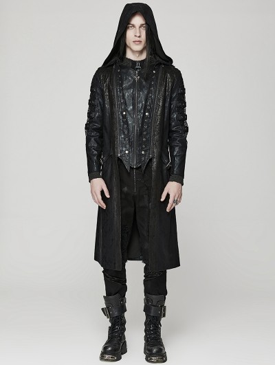 Punk Rave Black Gothic Punk Distressed Hooded Hollow Long Coat for Men