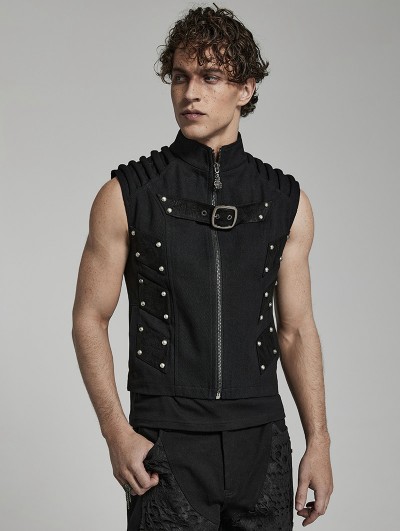 Punk Rave Black Gothic Doomsday Punk Rivet Zip Up Vest for Men