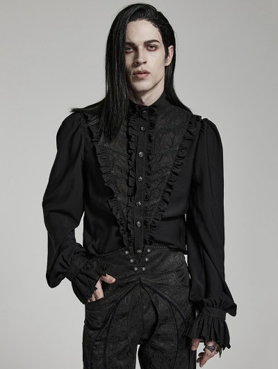 Punk Rave Black Retro Gothic Chiffon Stand Collar Puff Sleeve Party Shirt for Men