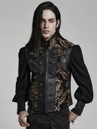 Punk Rave Black and Gold Vintage Gothic Ornate Jacquard Party Waistcoat for Men