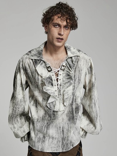 Punk Rave White Gothic Tie-Dyed Jacquard Long Sleeve Loose Shirt for Men