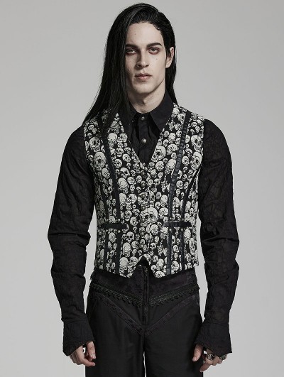 Punk Rave Black and White Gothic Skull Pattern Jacquard Waistcoat for Men