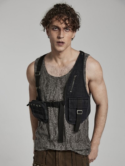 Punk Rave Black Gothic Doomsday Punk Asymmetric Vest for Men