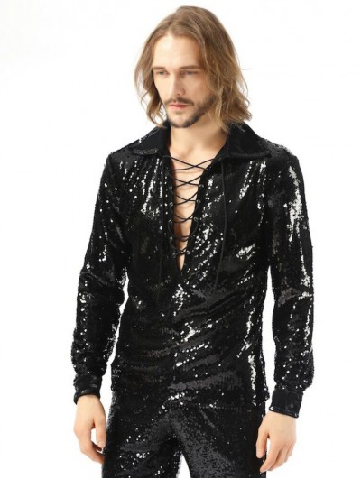 Pentagramme Black Sequin Gothic Heavy Metal Rock Long Sleeve Shirt for Men